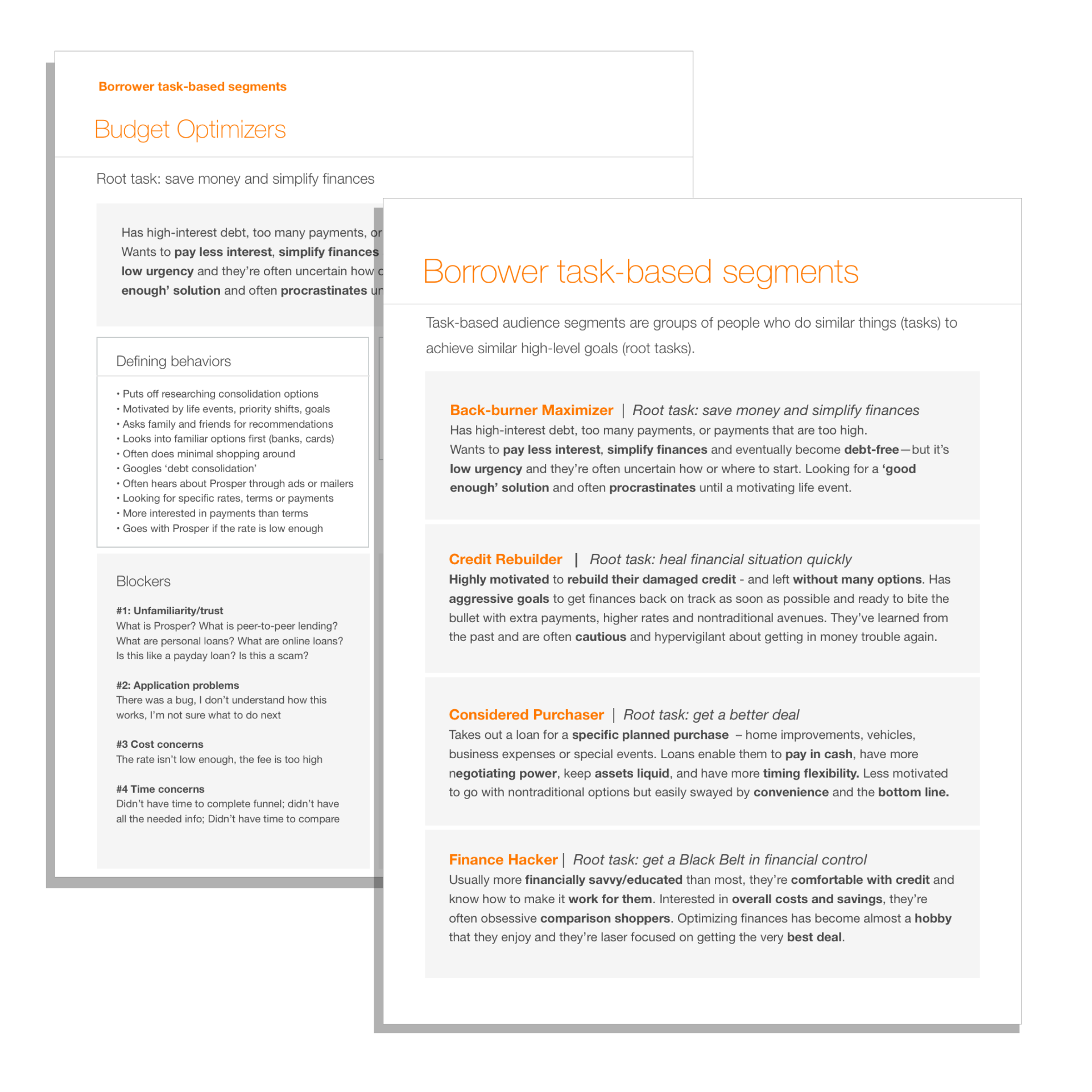 Borrower task-based segments dossier showing four borrower types with their root tasks, defining behaviors, and blockers