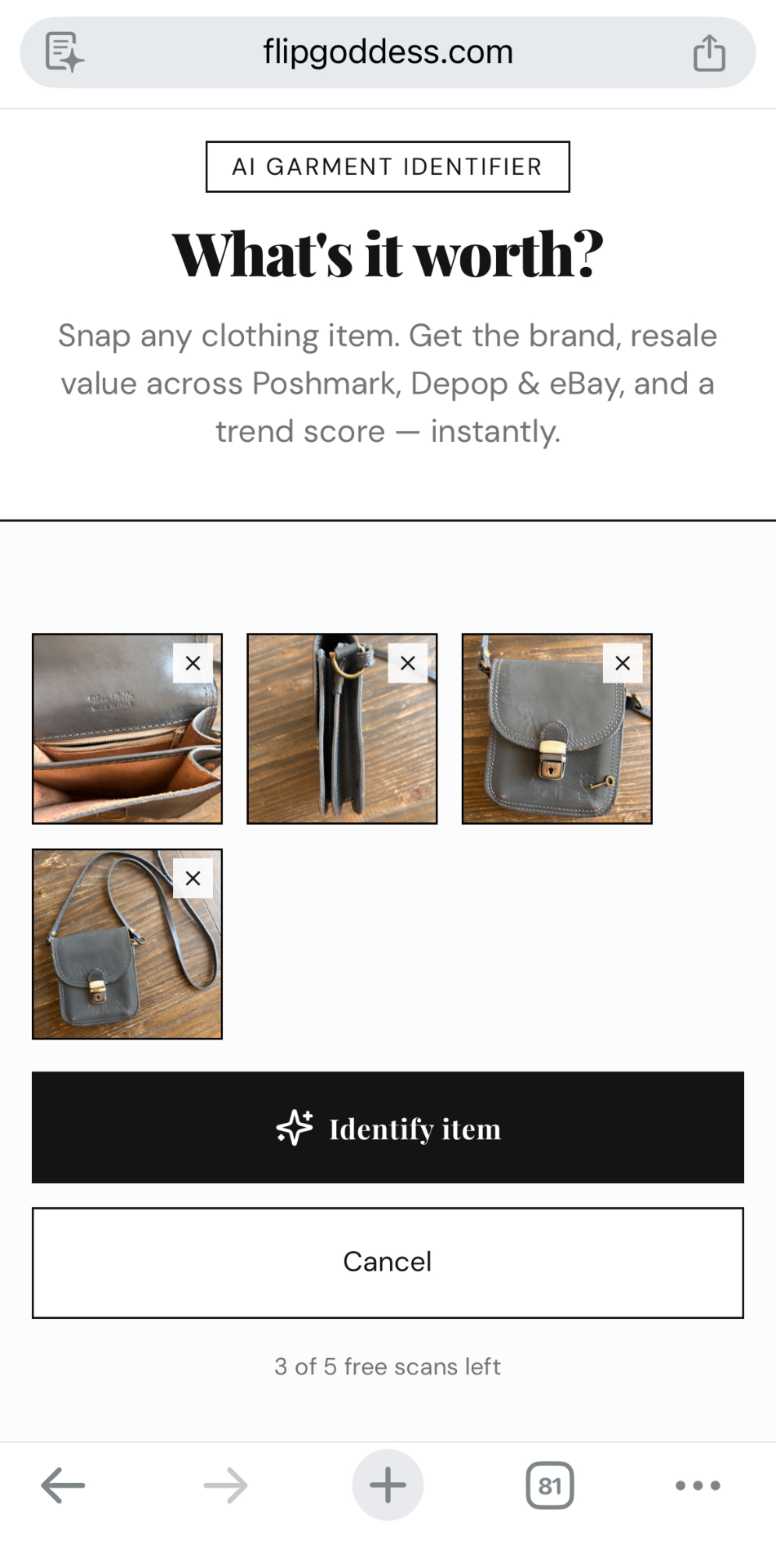 Verify screen: uploaded photos of a crossbody bag ready to identify