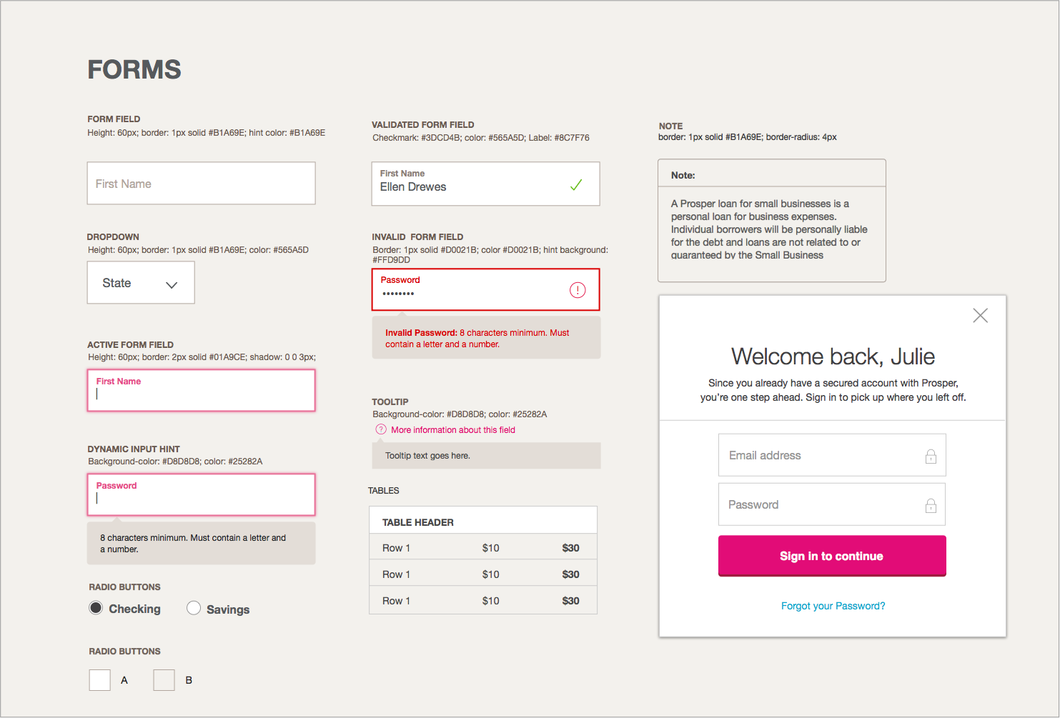 Forms style guide showing field states, validated inputs, dropdowns, tooltips, tables, radio buttons, and a welcome back modal.