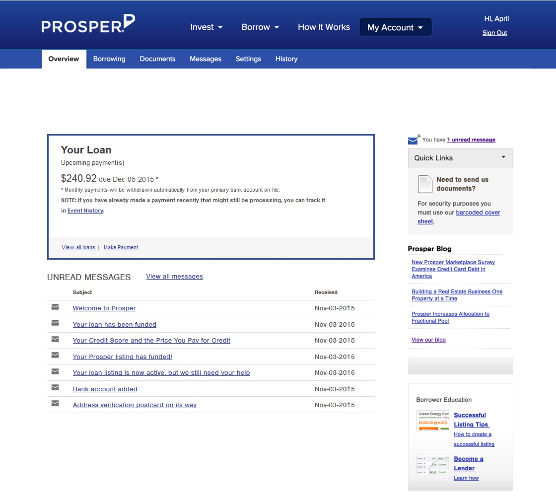 Prosper account overview before redesign — dense links, upcoming payment buried in text