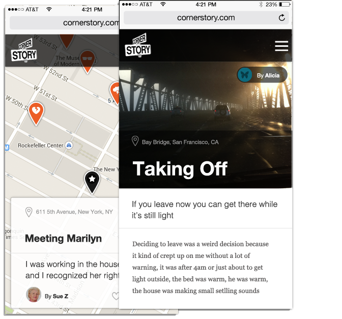 Cornerstory mobile — map view and story page