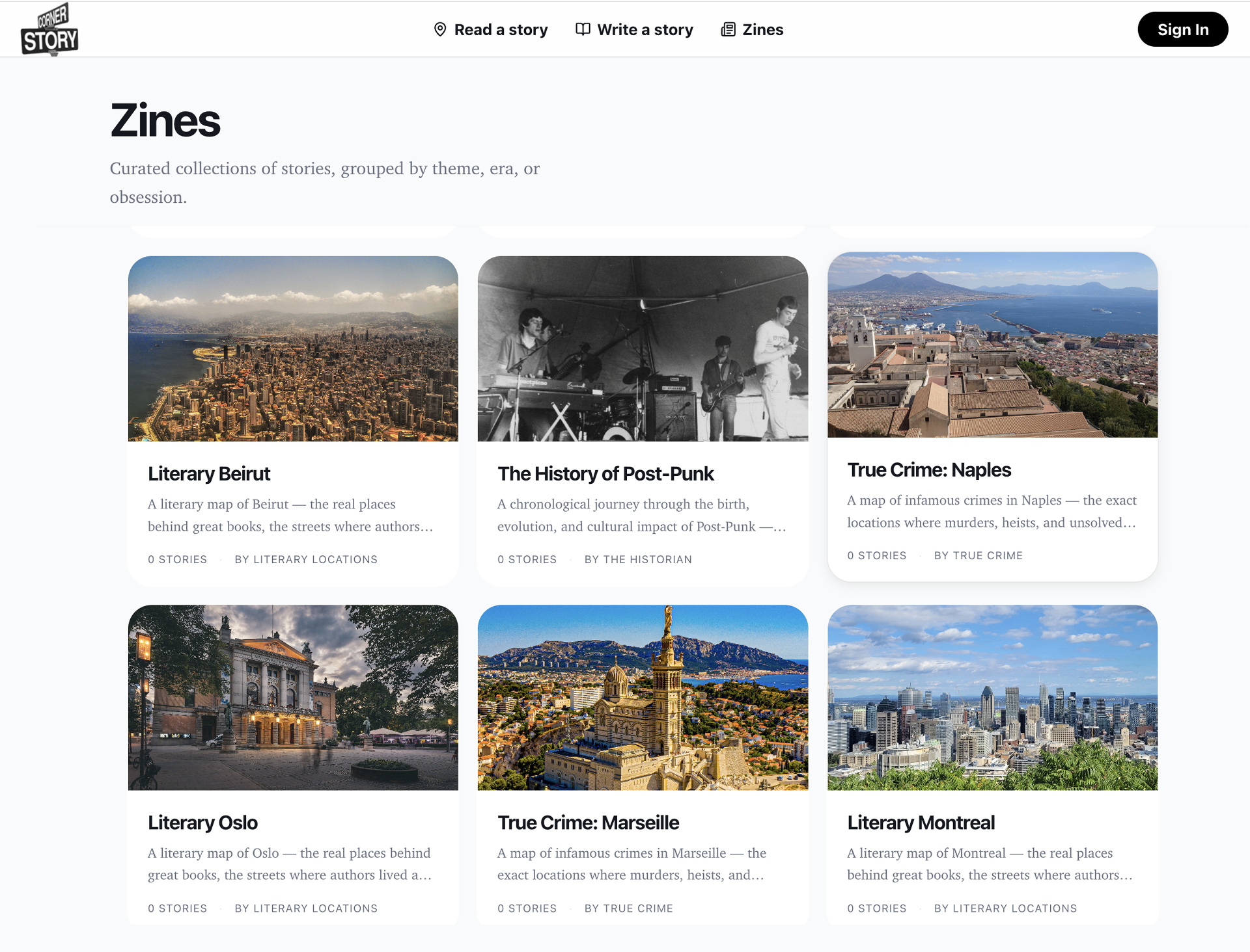 Cornerstory Zines index — curated collections grouped by theme, era, or obsession