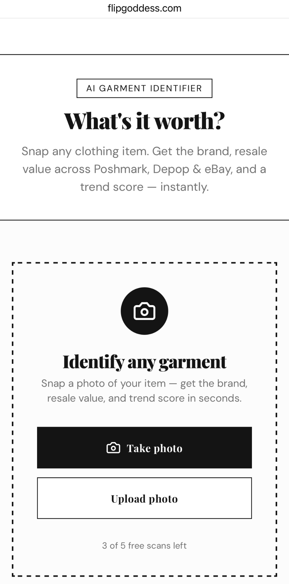 Capture screen: AI garment identifier with camera capture area