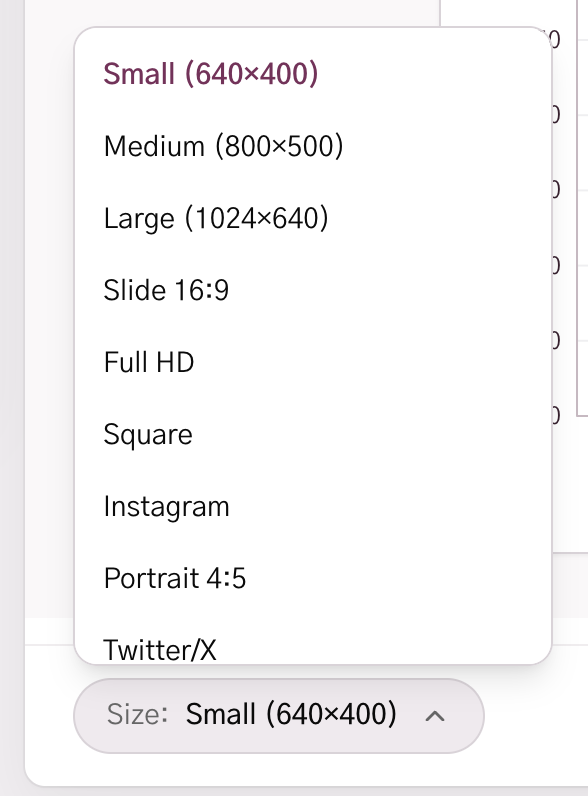 GraphWitch size preset menu with Small, Medium, Large, Slide, Full HD, Square, Instagram, Portrait, and Twitter/X options
