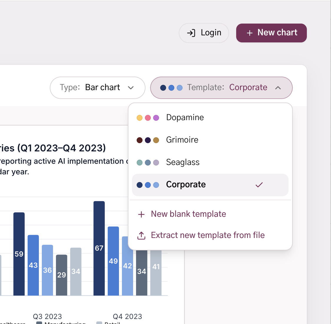 GraphWitch template picker with Dopamine, Grimoire, Seaglass, and Corporate palettes