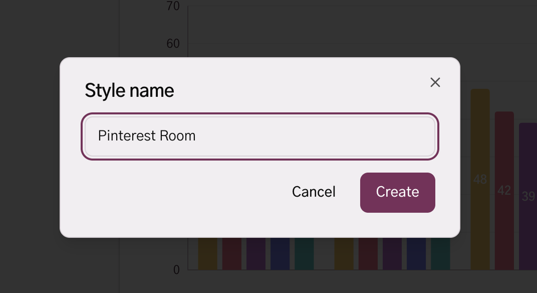 Style name modal with the value Pinterest Room and a Create button