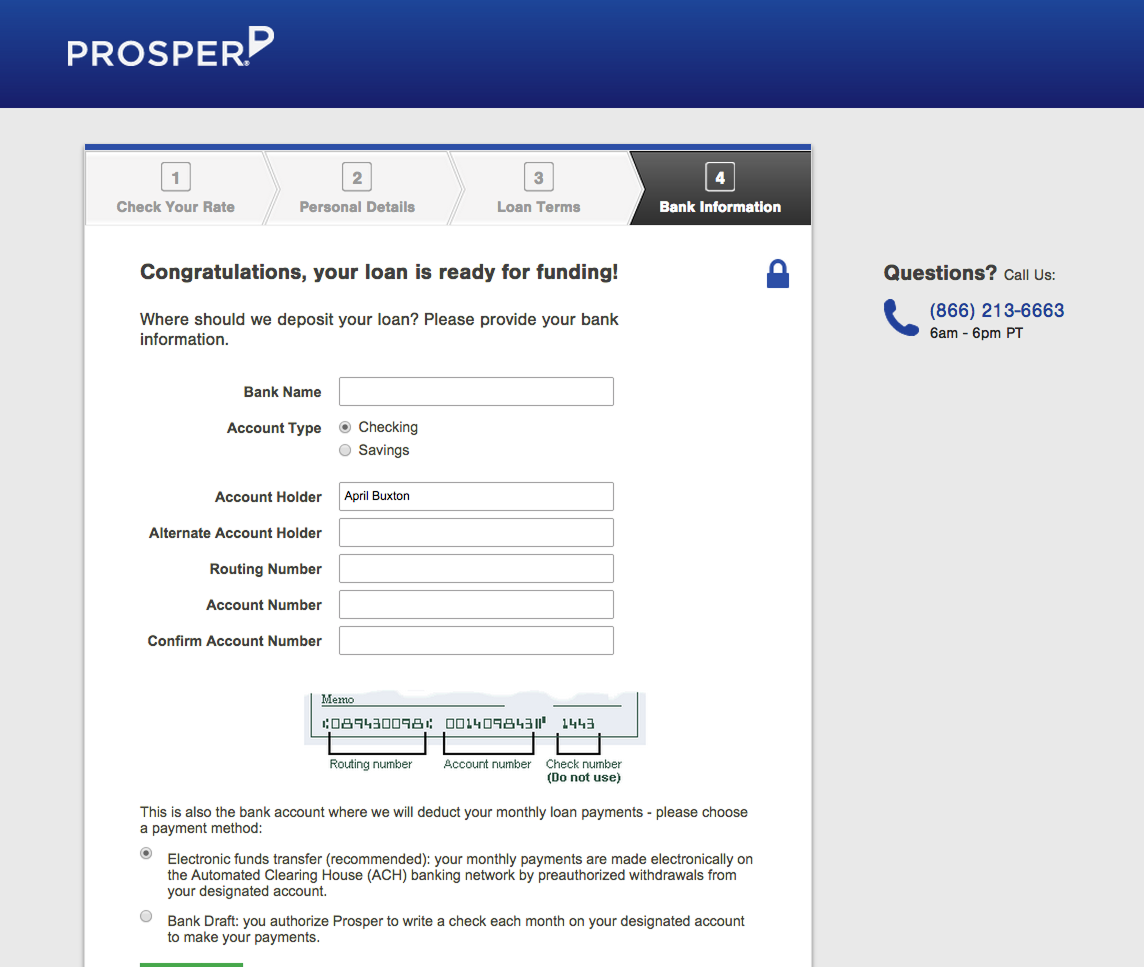 Old Prosper bank information step — dark blue header, dense form fields.