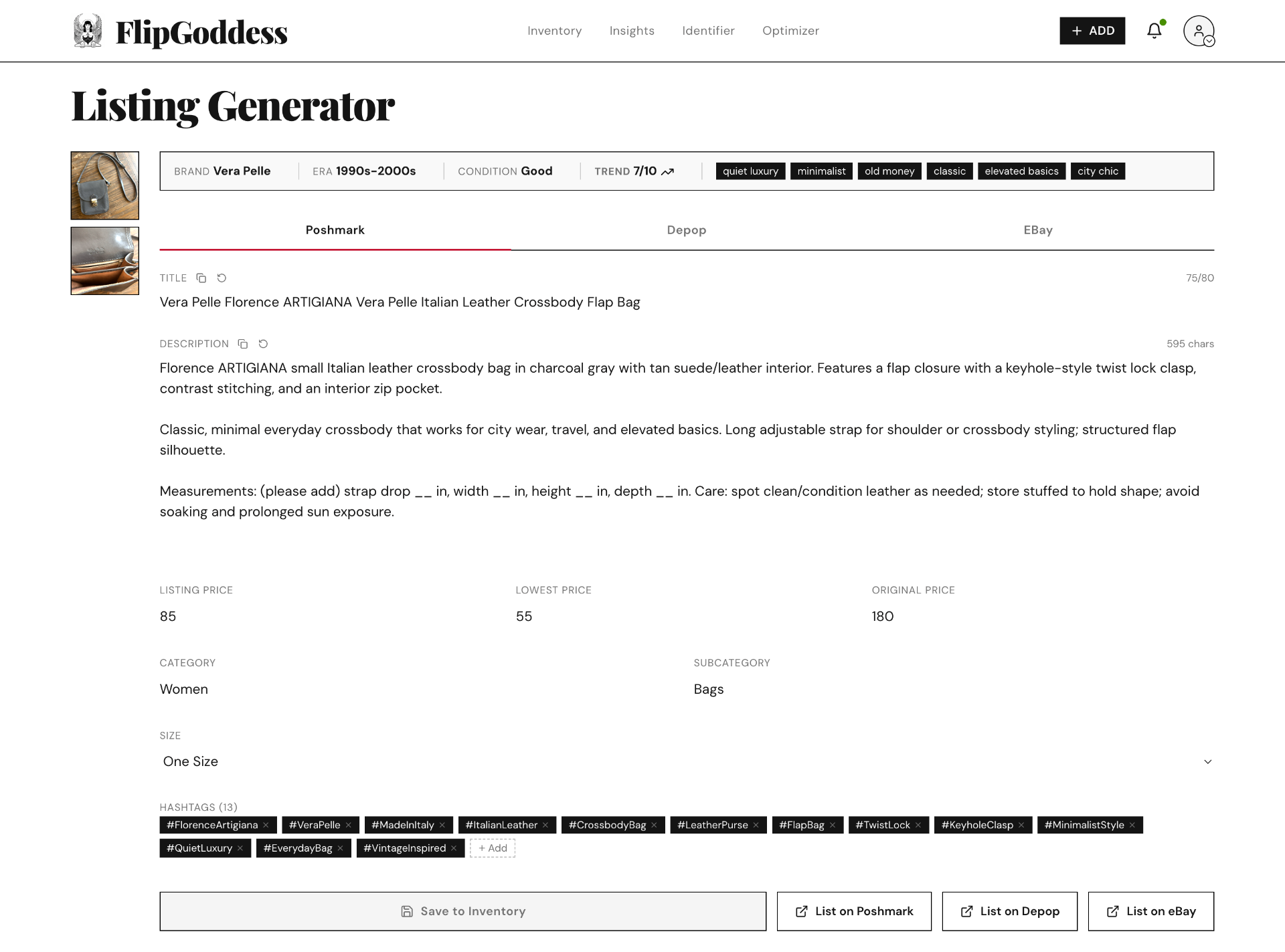 Listing Generator web interface: loading state with 'The goddess is reading your items' message
