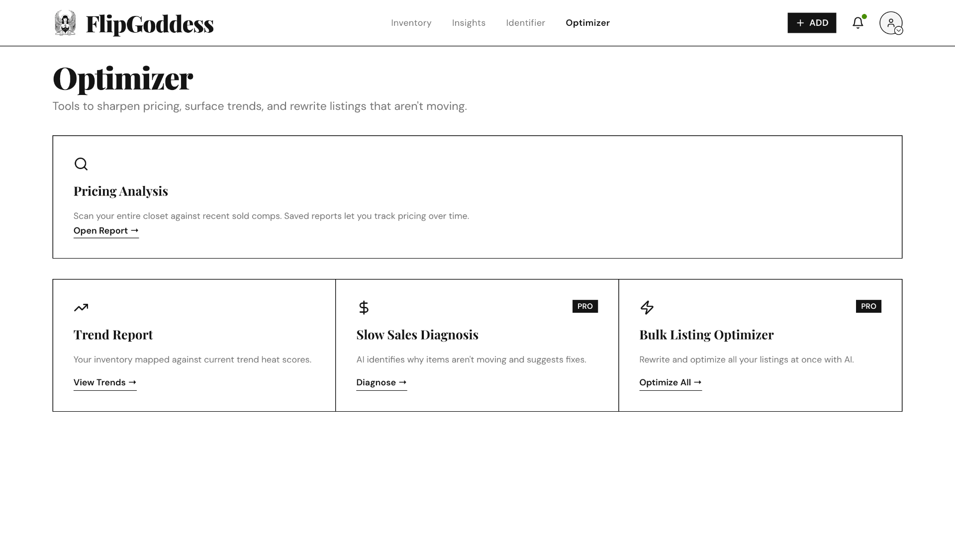 Optimizer web interface: Pricing Analysis, Trend Report, Slow Sales Diagnosis, and Bulk Listing Optimizer