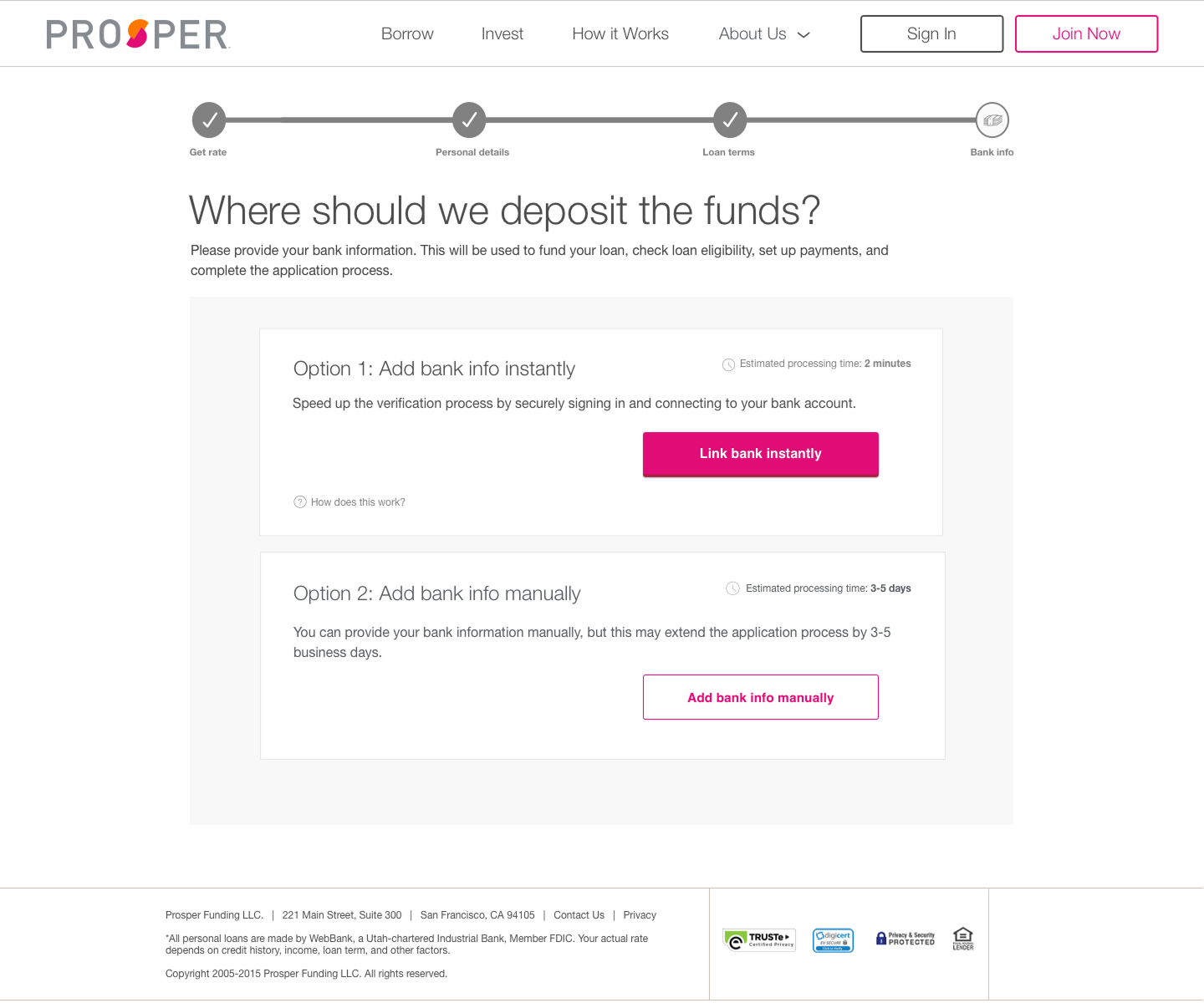 Redesigned Prosper bank information step — clean progress bar, two clear options.